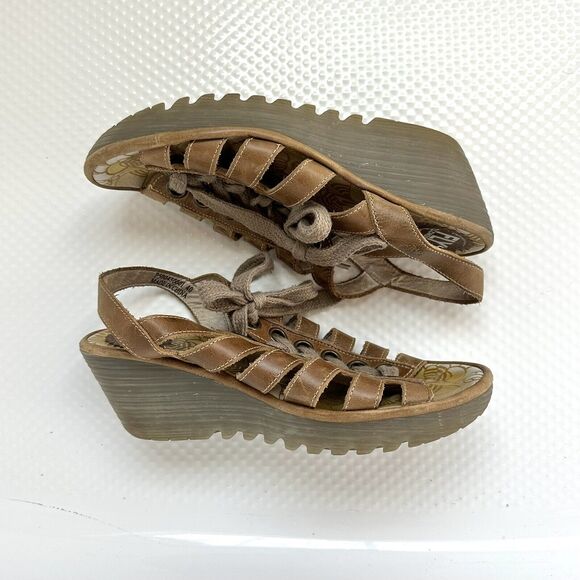 Fly London Wedge Sandal Women’s Lace Up Open Toe Size Eur 40, US 8.5-9 Brown - Picture 1 of 14